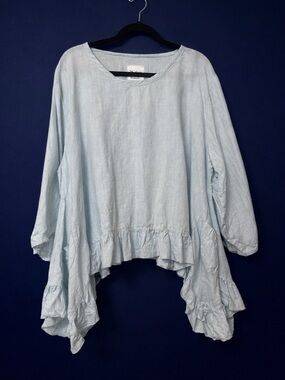 Heart’s Desire by MaryGrace Light Blue Ruffled Hem Women’s asymmetrical linenTop
